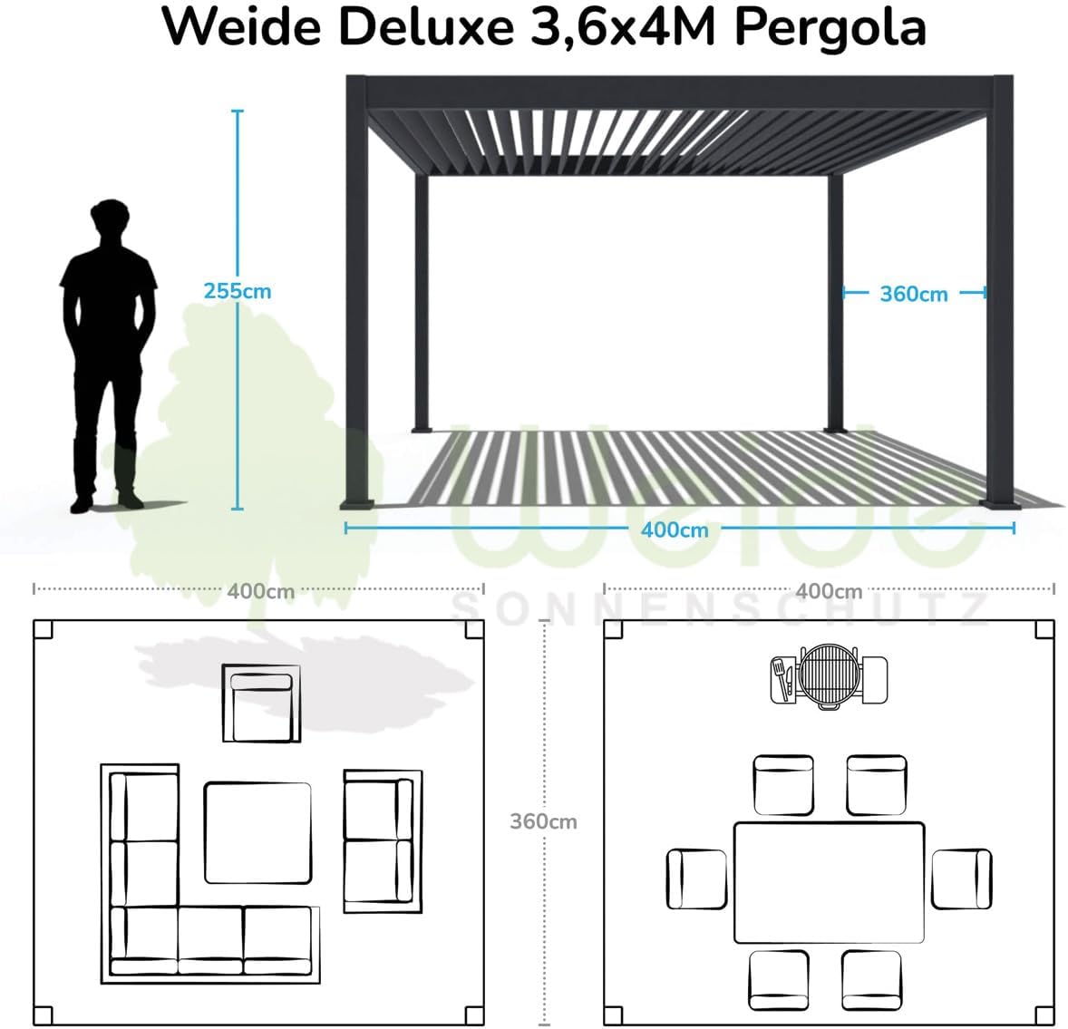 Pavillon Pergola 3,6x4m Terassenüberdachung freistehend mit Lamellendach elektrisch verstellbar LED Gartenpavillon wasserdicht stabil Winterfest Aluminium Weide Deluxe mit Fernbedienung Anthrazit