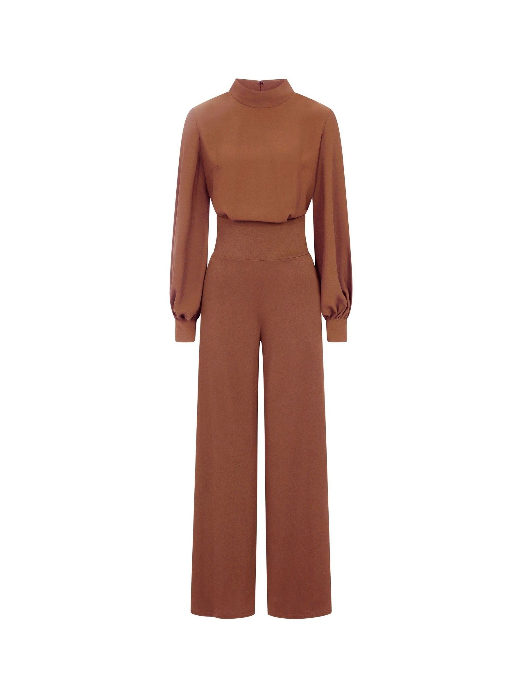 Bruin - HotSquash jumpsuit met wijde pijpen en blousonmouwen