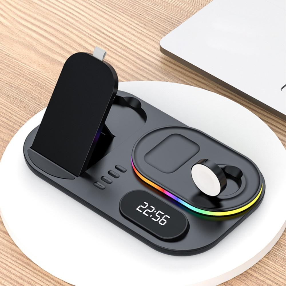 (30W) 4in1 Apple Watch / Smartphone / AirPods Qi Fast Charging Ladegerät Ständer Dockingstation   Zeitanzeige - Schwarz