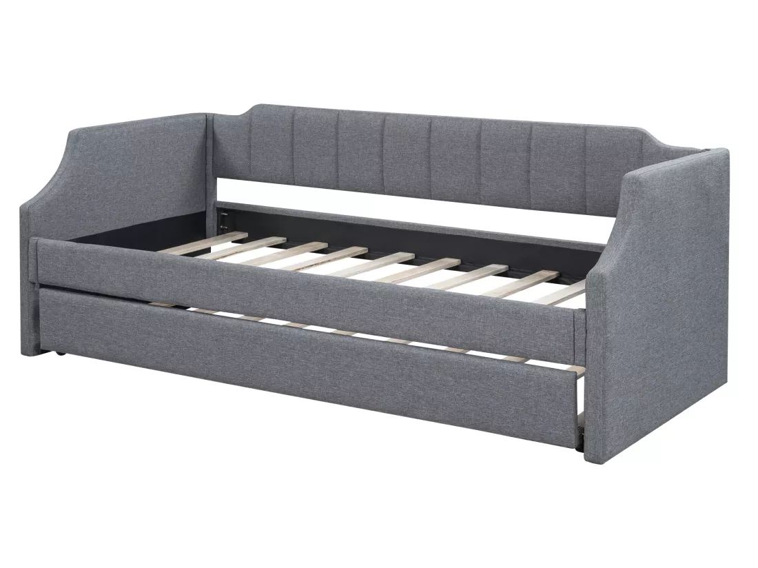 Lit gigogne 90x190/200cm en tissu de lin - avec sommier à lattes - Gris