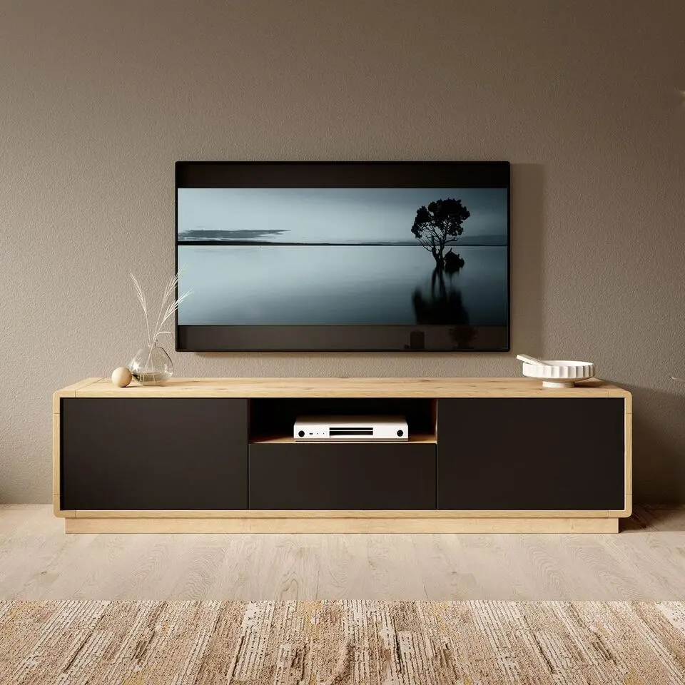 Meubella - TV-Meubel Acuna - Mat zwart - Eiken - 180 cm