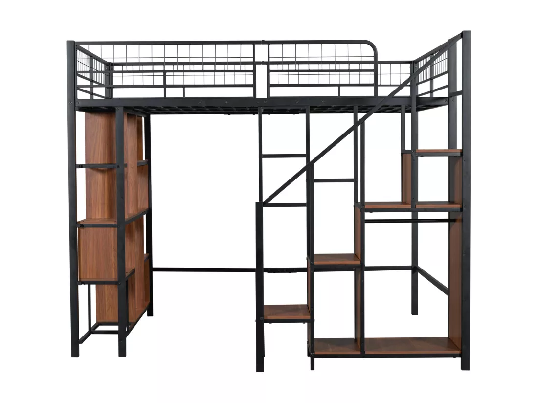 Lit mezzanine 140 x 200 cm avec armoire et étagères - Métal + Contreplaqué + MDF - Sommier à lattes - Noir