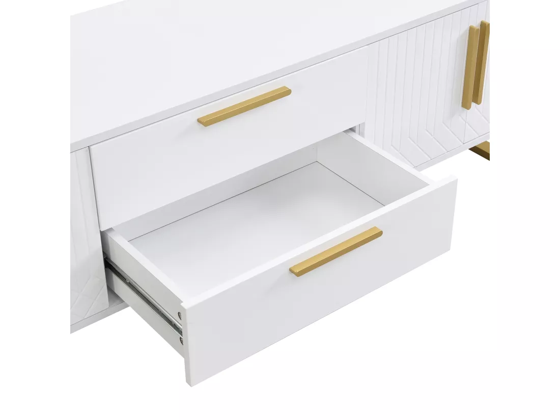 Meuble TV blanc brillant motif gravé avec poignées et pieds dorées 170*40*53cm YAURNUD WHITE
