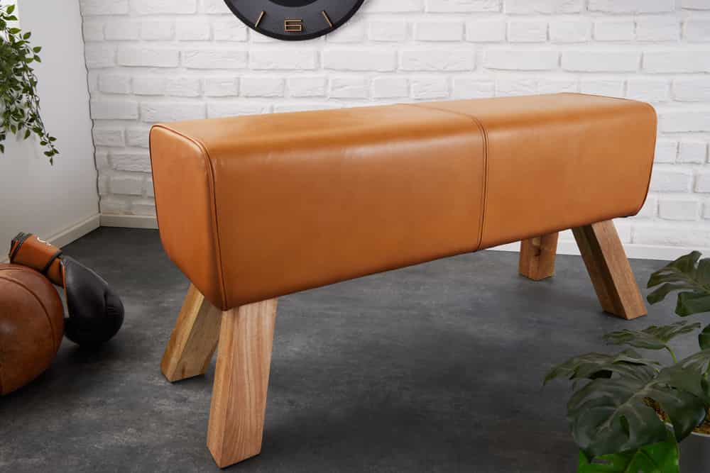 Design Sitzbank TURNBOCK 100cm cognac Echtleder Mangoholz Retro Sitzhocker