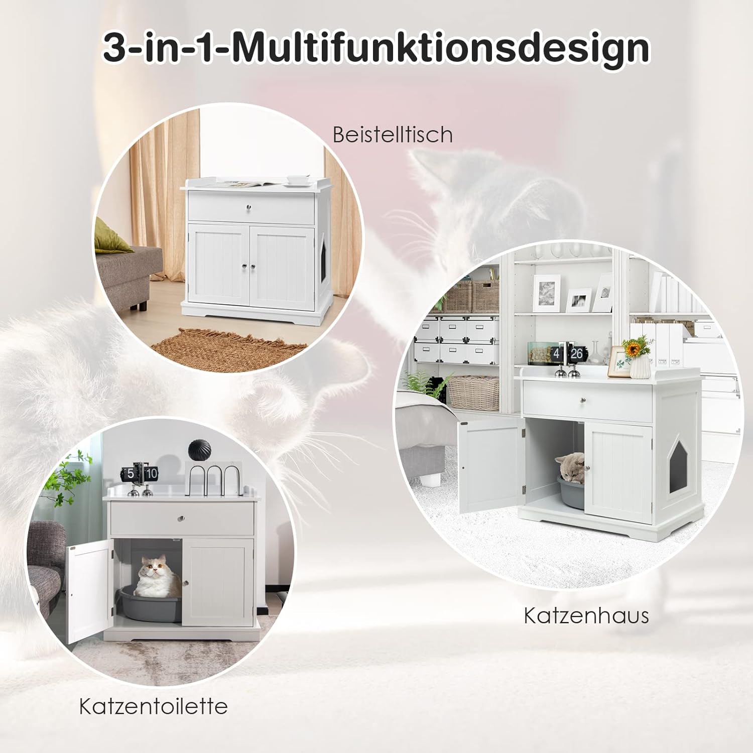 COSTWAY Katzenschrank mit Schublade & Tür & Eingang, 3-in-1 Katzenhaus Katzentoilette Beistelltisch, Schrank Katzenklo Katzenkommode, Katzenhöhle Haustierbox, Katzenmöbel (Weiß)