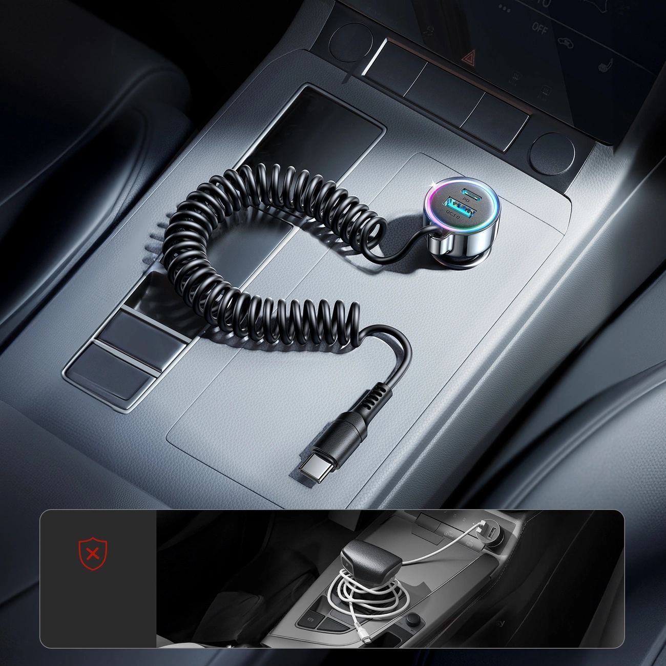 (72W) USB C / USB A Auto KFZ Ladegerät Car Charger für Zigarettenanzünder mit USB C Spiral Ladekabel (JR-CL07) - Schwarz