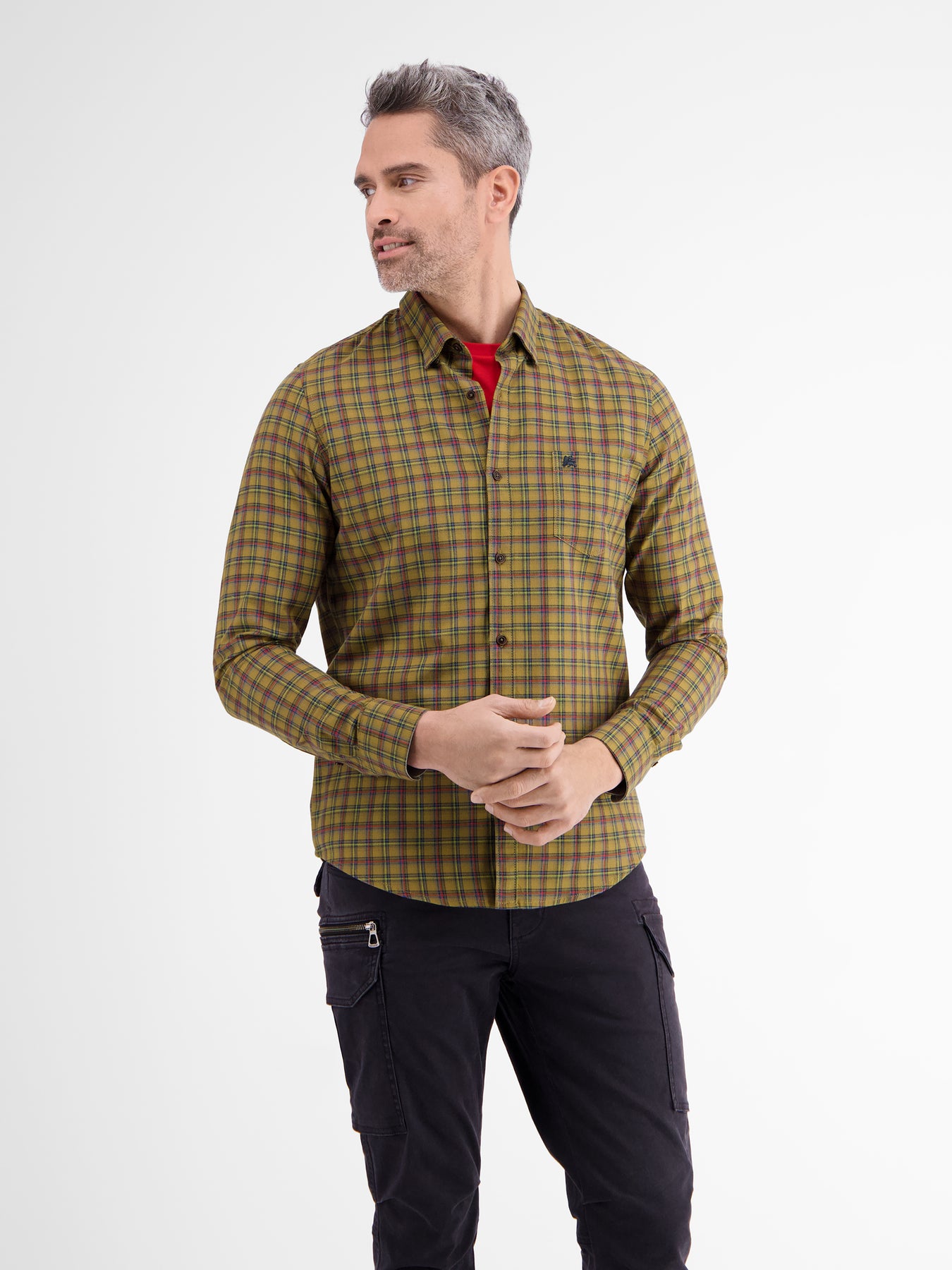 Langarmhemd , kariert, verdeckter Button-down-Kragen