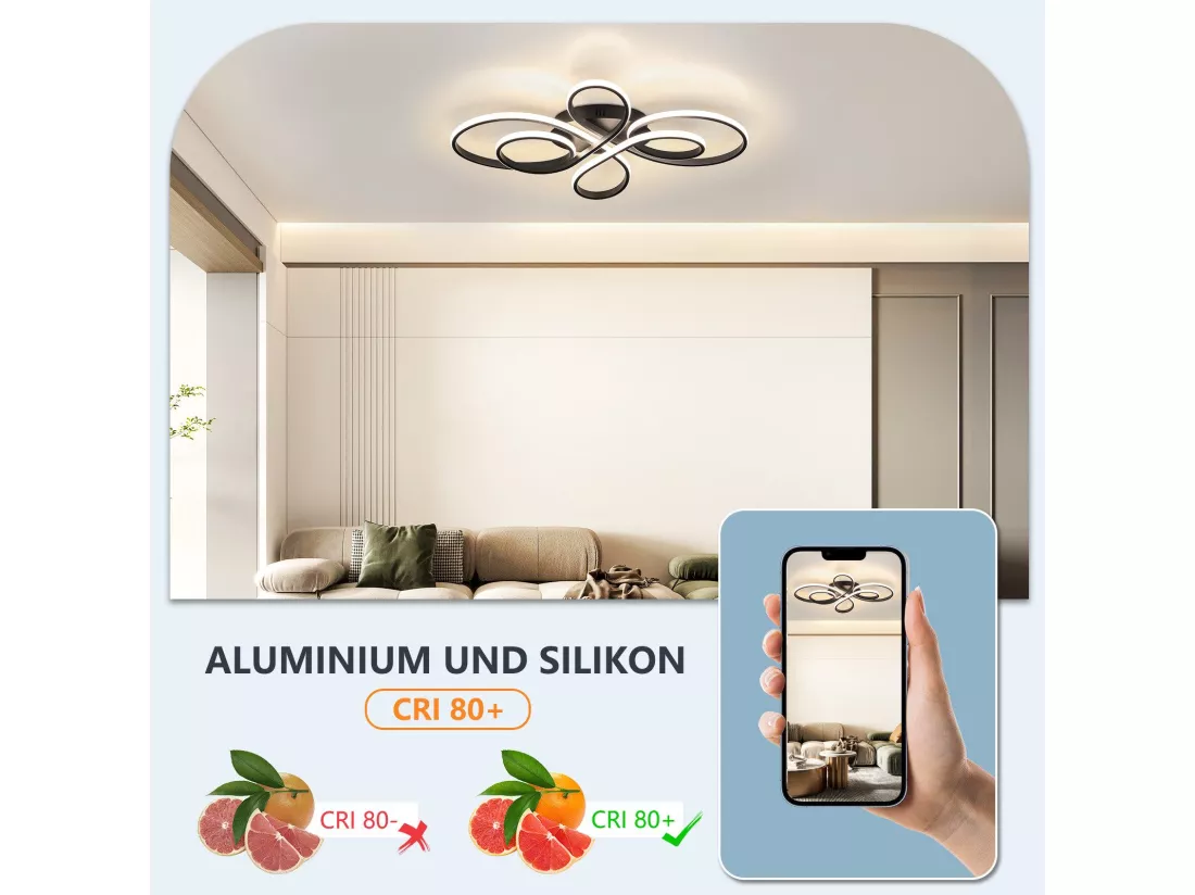 NETTLIFE Plafonnier LED moderne à intensité variable, noir, 66 cm, 65 W, avec télécommande, adapté pour salle à manger, bureau