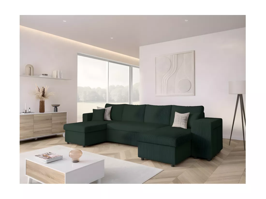 Canapé panoramique Oslo convertible avec 2 coffres, 2 poufs à droite en velours côtelé vert foncé - L311 x P146 x H81cm - Loungitude