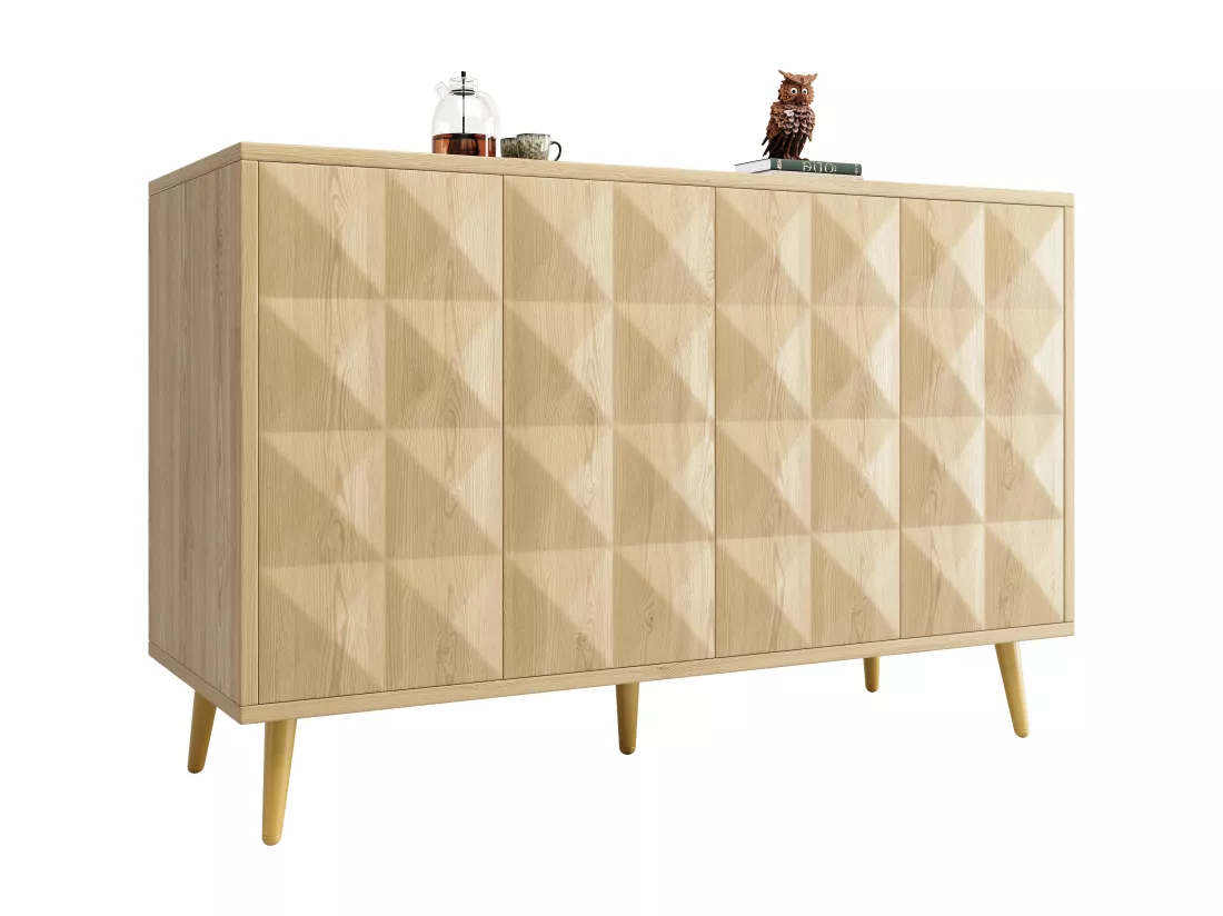 Buffet avec 4 portes gaufrée - 120 x 35 x 78 cm - MDF - pour salle à manger et salon - Naturel