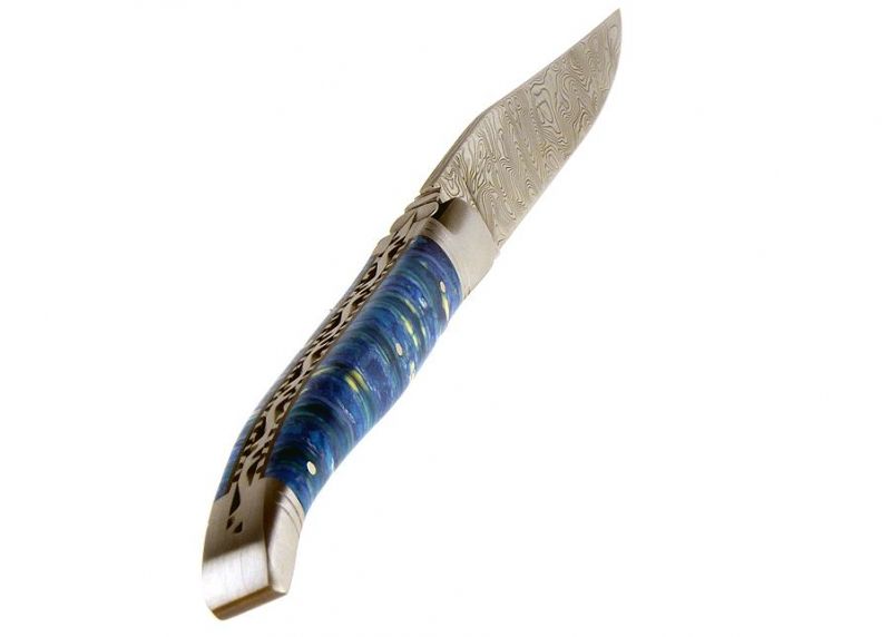 VENDU - Couteau Laguiole avec un manche en molaire de Mammouth teintée bleu