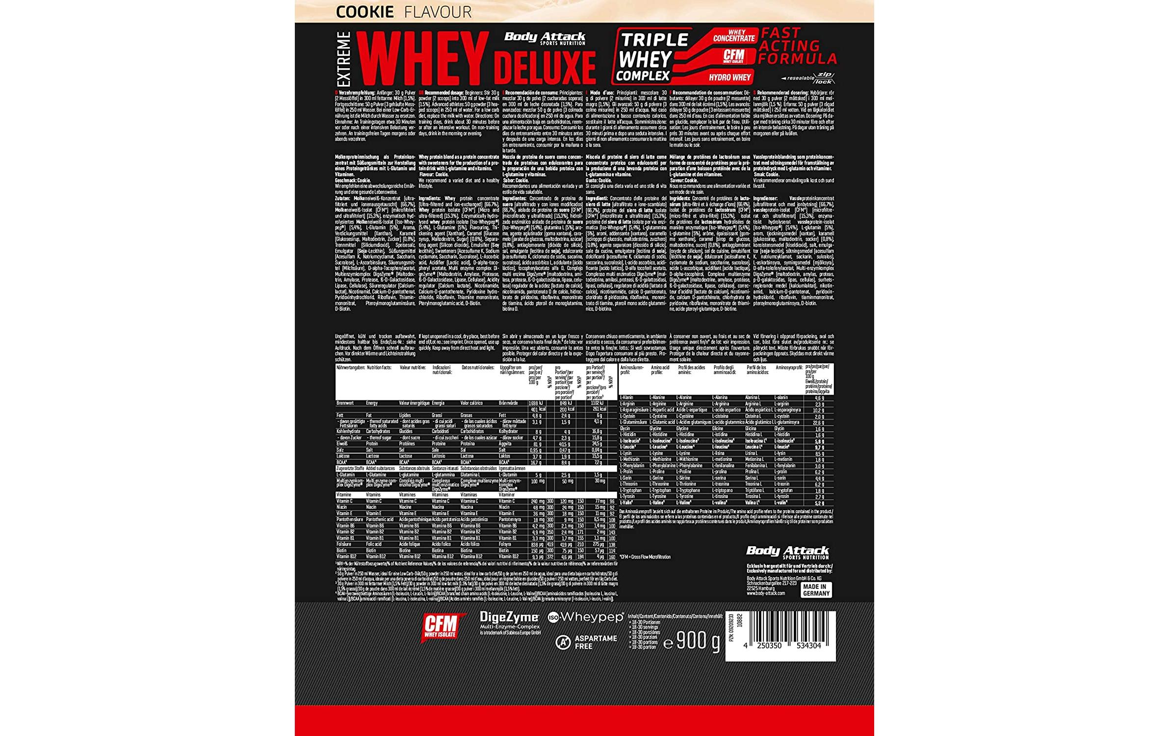 Pulver Extreme Whey Deluxe Crème/Nougat 900 gMehrkomponentenprotein mit hohem Eiweissgehalt
