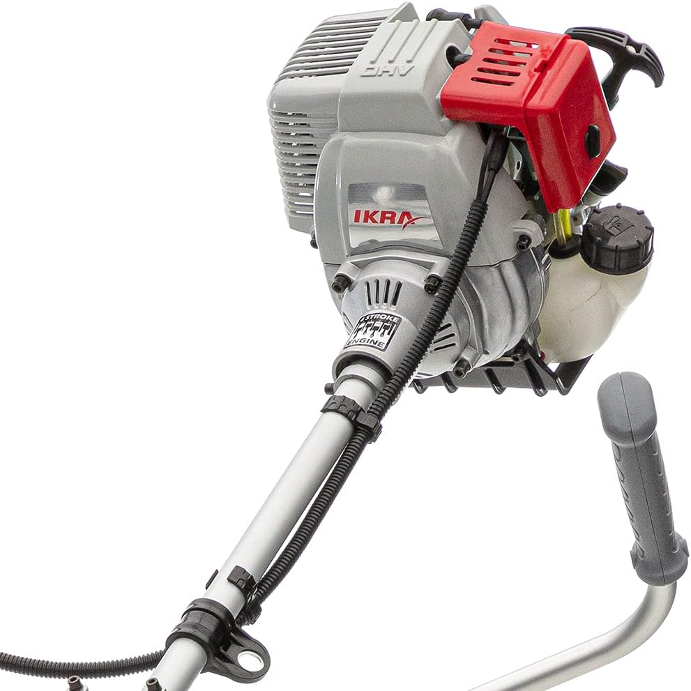 IKRA 73046760 Benzin Freischneider Trimmer IBF 31-4 inkl. Fadenspule, 3-Zahn-Messer & Schultergurt, Grasverwicklungsschutz, 0.7 W, Grau/Rot