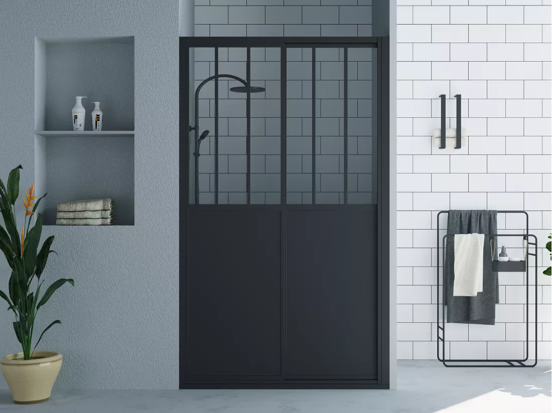 Porte de douche coulissante noir mat style atelier - 140 x 195 cm - URBANIK