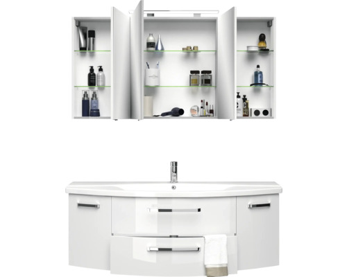 3-delige badkamermeubelset Pelipal xpressline 4010 BxHxD 144 x 200 x 49,5 cm, fronten hoogglans wit, met witte keramische wastafel en keramische spoelbak, badmeubel, spiegelkast met LED-verlichting, chromen grepen, 4010.1400109 40101400109