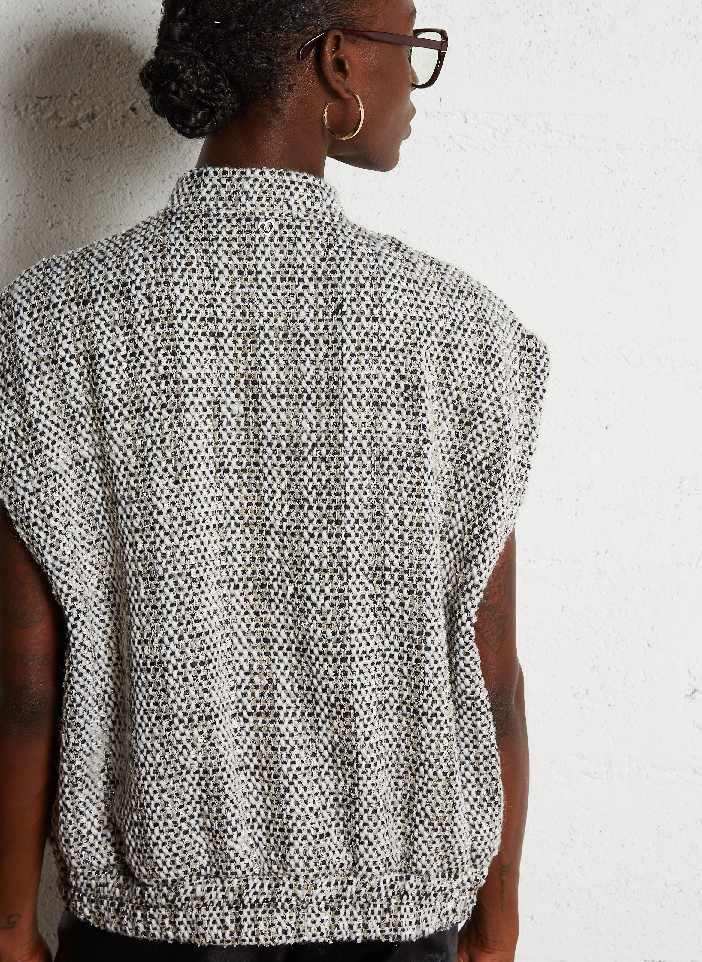 Veste ample col mao en tweed | Blanc