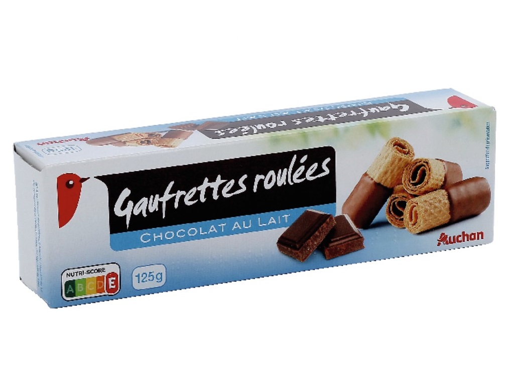 BOLACHA AUCHAN WAFFERS ROLINHO SEMI COBERTURA CHOCOLATE LEITE 125G