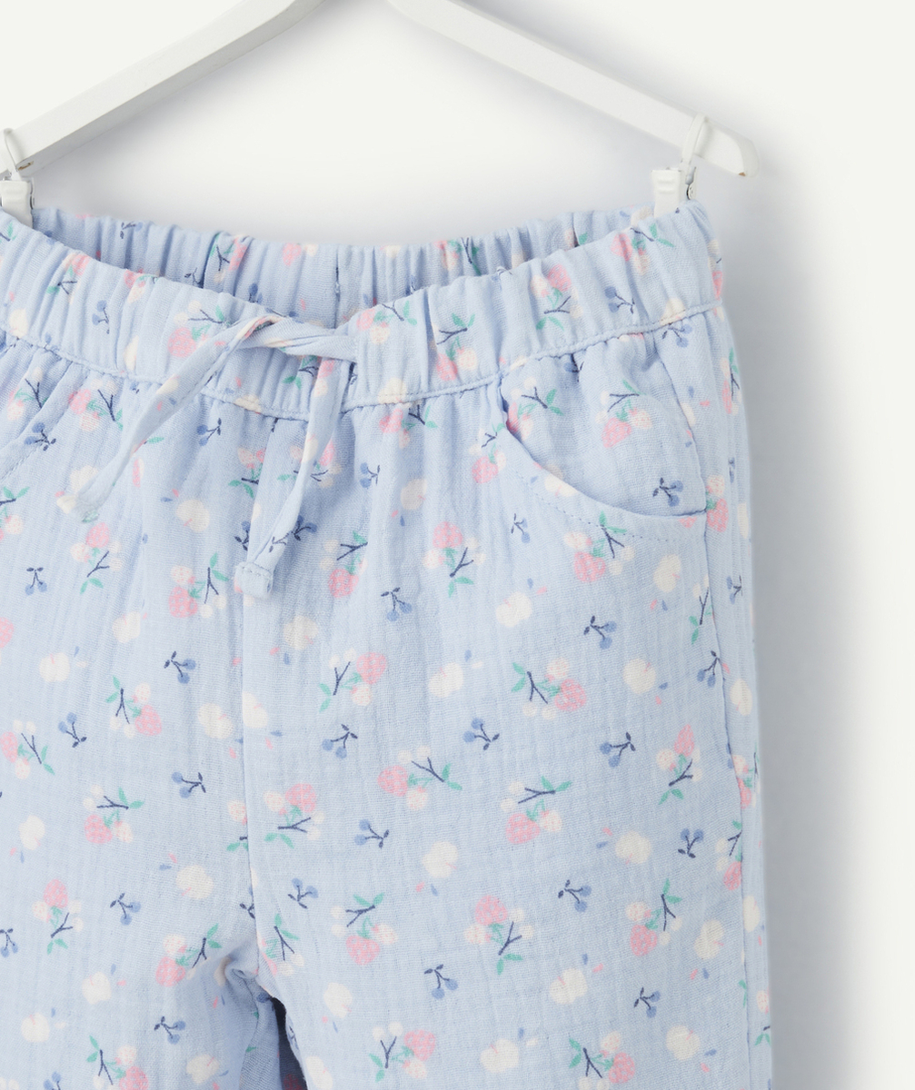 pantalon droit bébé fille en gaze de coton bleu imprimé à fleurs