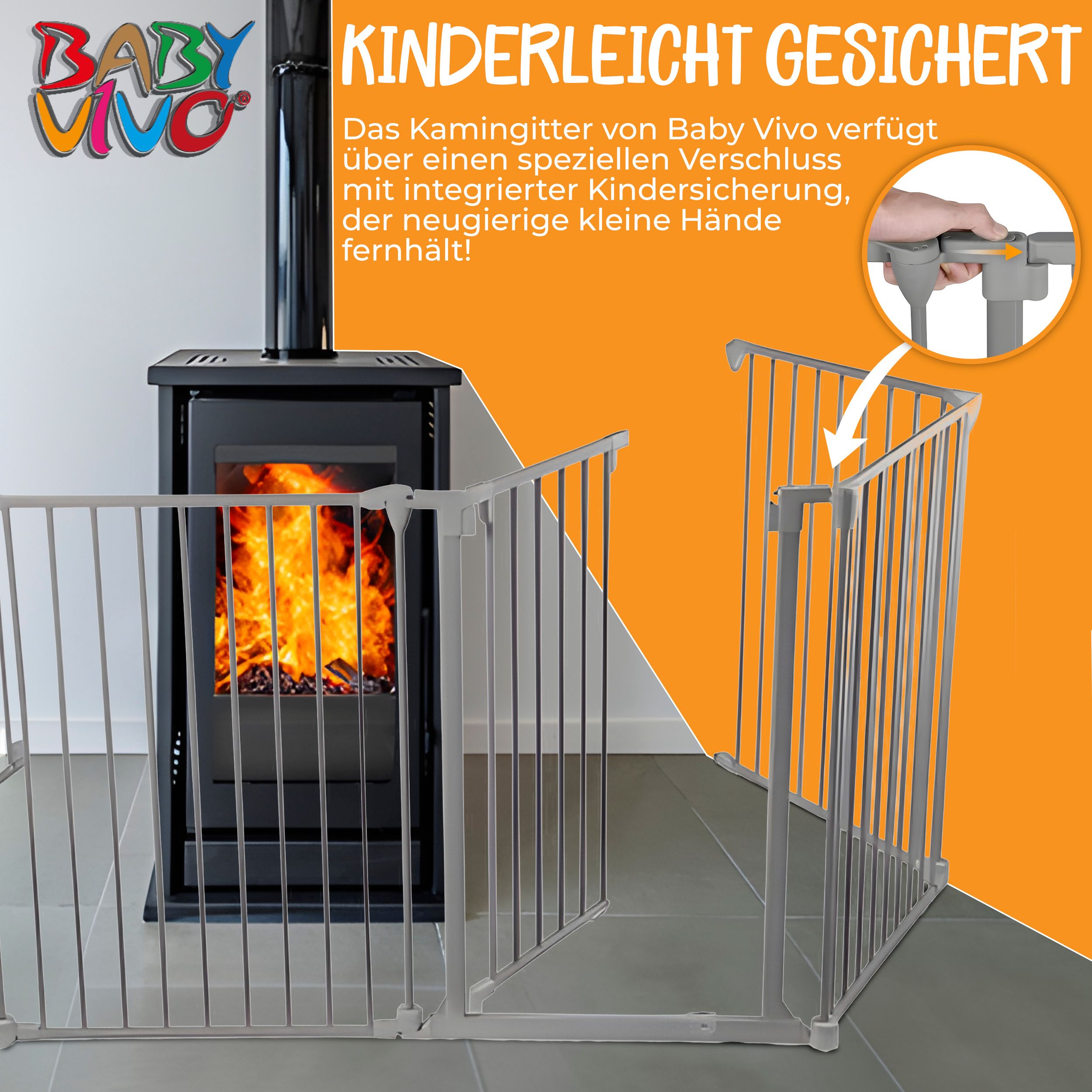 Baby Vivo Kaminschutzgitter 380 cm XXL / Absperrgitter 5+1 mit Tür in Stahlgrau (5 Elemente und eine Tür) - PREMIUM