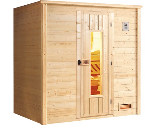 Massief houten sauna Weka Bergen HT Gr.3 incl. 7,5 kW kachel en digitale bediening met houten deur en isolatieglas