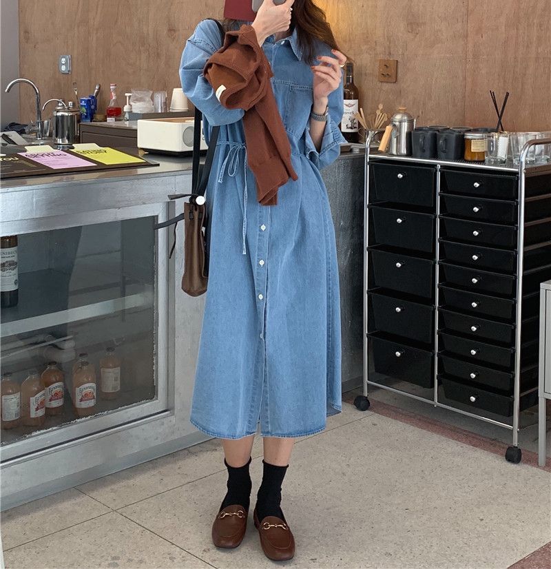 Leoom - Denim midi-jurk met lange mouwen