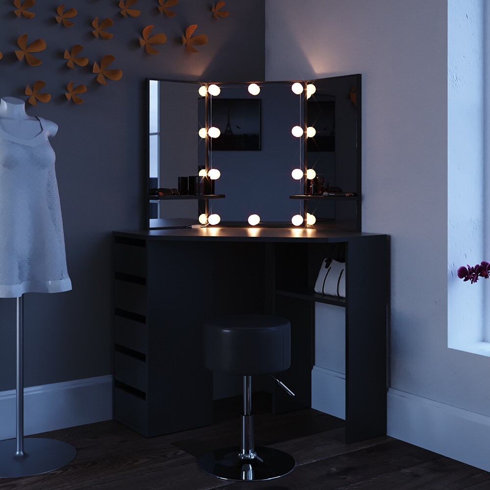 Vicco Schminktisch Arielle Frisiertisch Kommode Frisierkommode Spiegel Schwarz inklusive Hocker und LED-Lichterkette