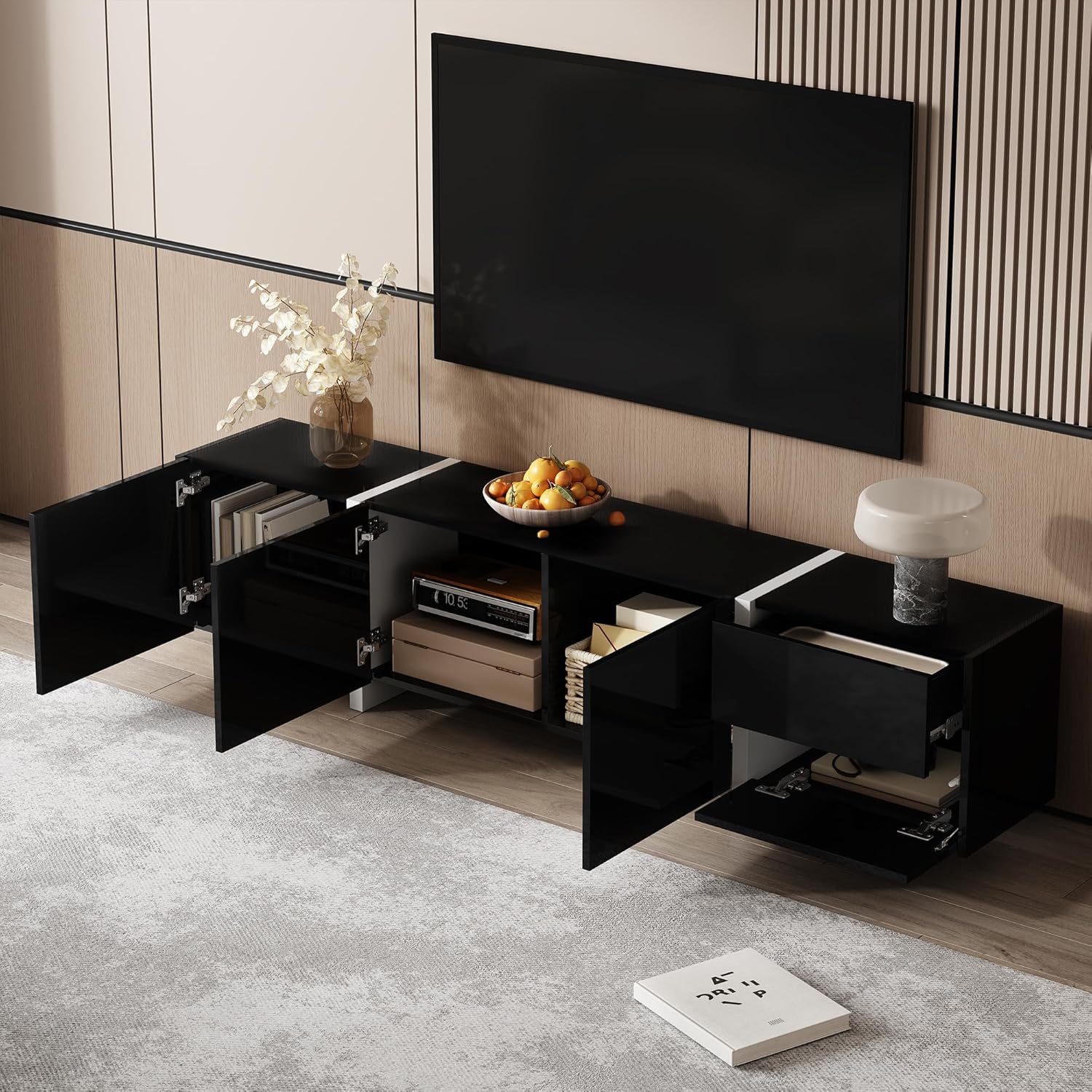 Merax TV-Schrank 170x30x39cm mit LED, Lowboard in Hochglanz mit Weiß Tischbeinen, DREI Türen, Schublade und Klapptür, viel Stauraum für Wohnzimmer, Schwarz