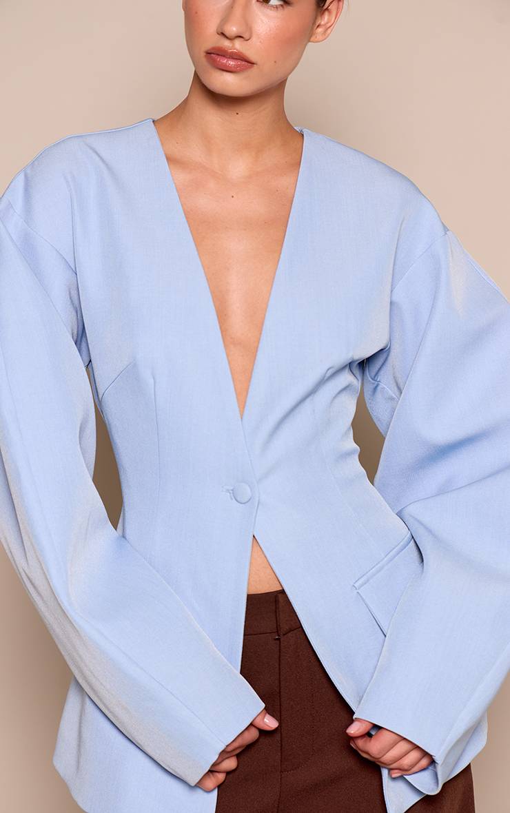 Bleu Pâle Blazer À Taille Cintrée Manches Cocon Avec Poches