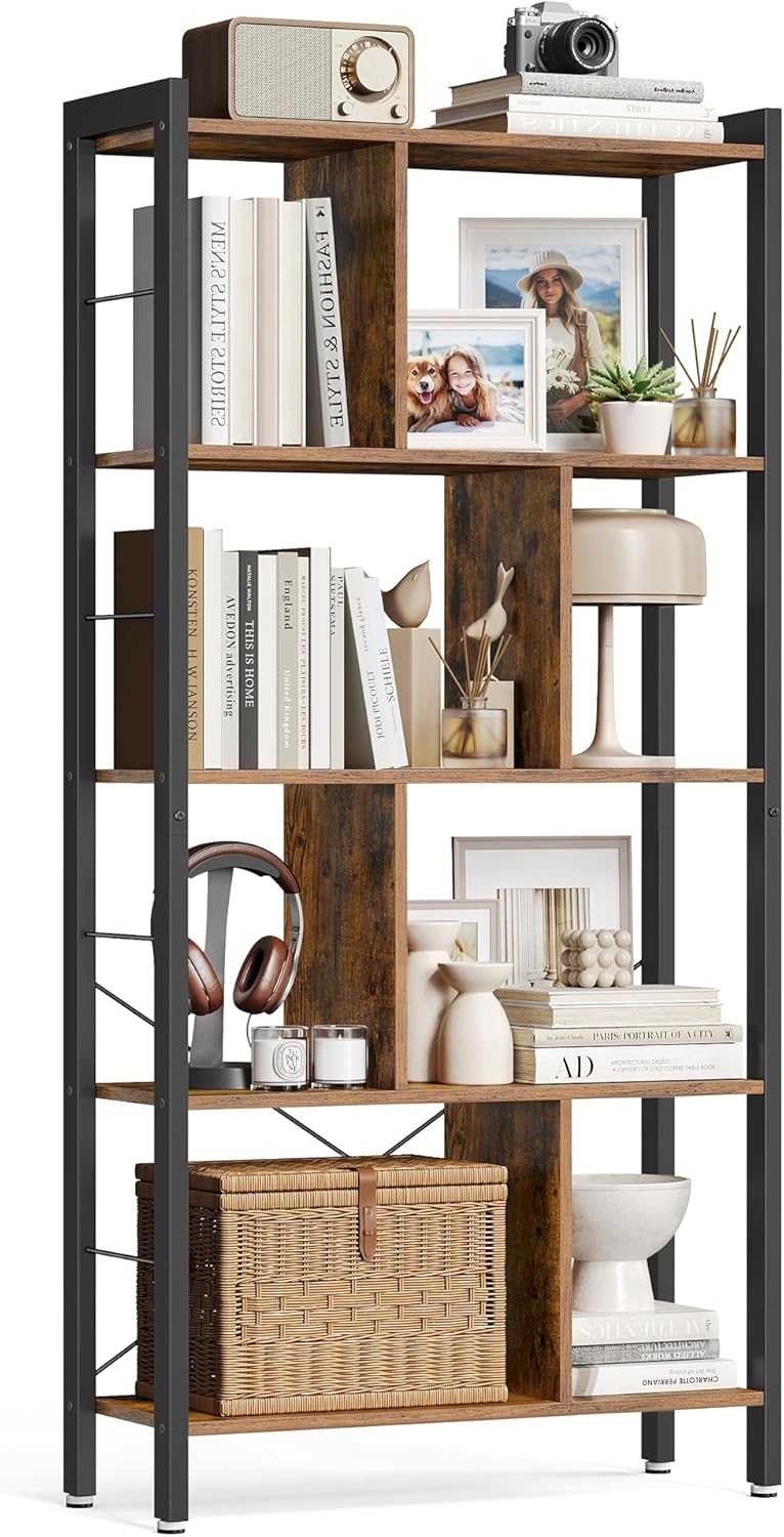 VASAGLE Regal, Bücherregal, Büroregal mit 5 Ebenen, Standregal, Aufbewahrungsregal, groß, Metallgestell, vintagebraun-tintenschwarz LBC12BX IN9831005