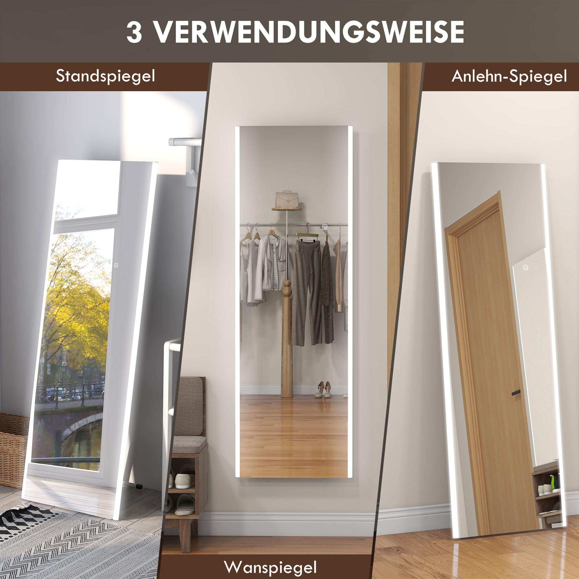 HOMCOM Ganzkörperspiegel mit LED-Leuchte weiß 150L x 50B x 2,9H cm