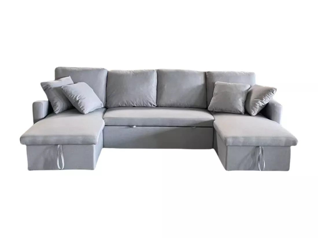 Canapé panoramique convertible 4 places en tissu avec coffre MAHÉ - gris clair