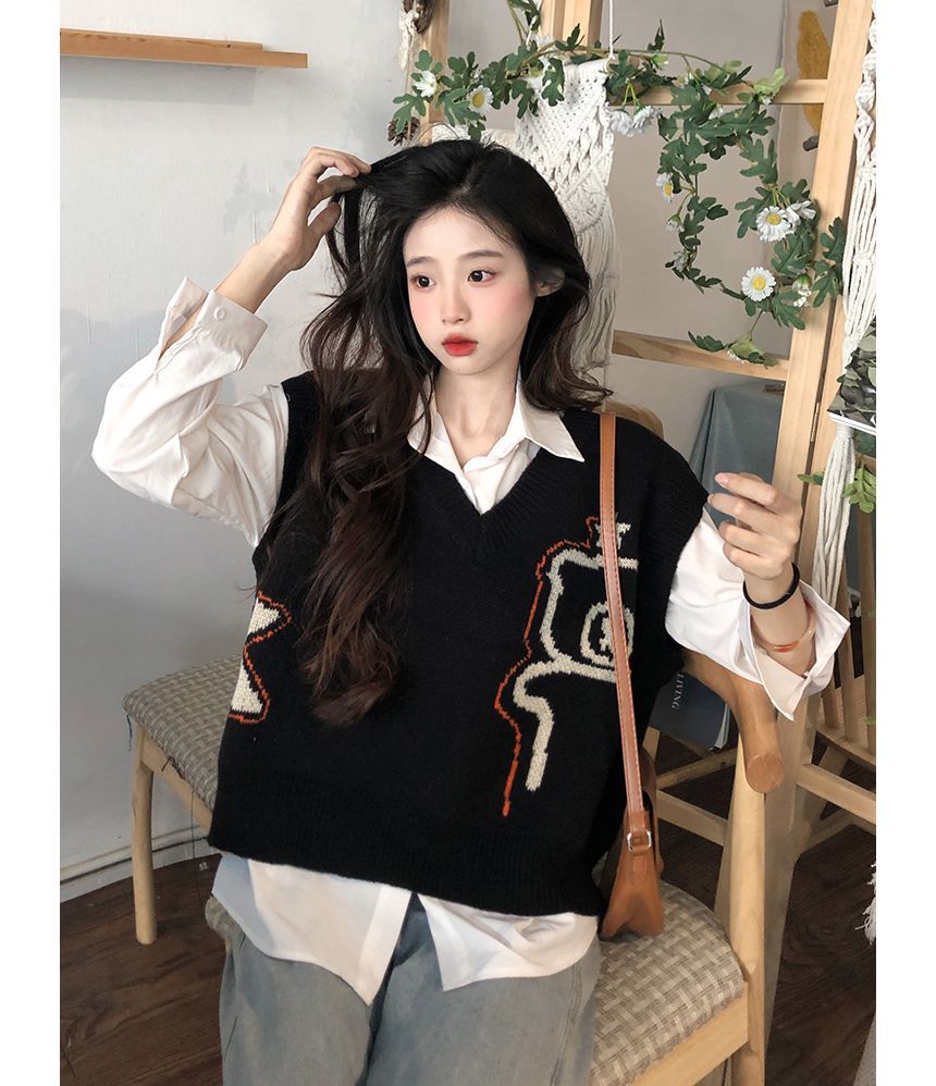 Shinsei - V-hals beren jacquard trui vest / lange mouwen effen shirt