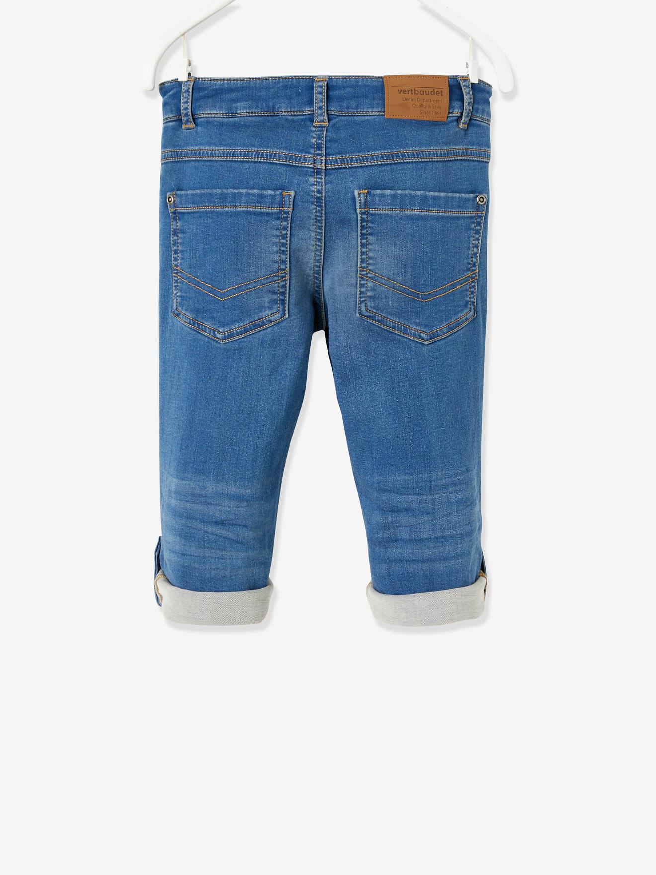 Calças curtas de moletom azul-escuro lavado para meninos, com efeito jeans, mangas que podem ser dobradas como bermudas.