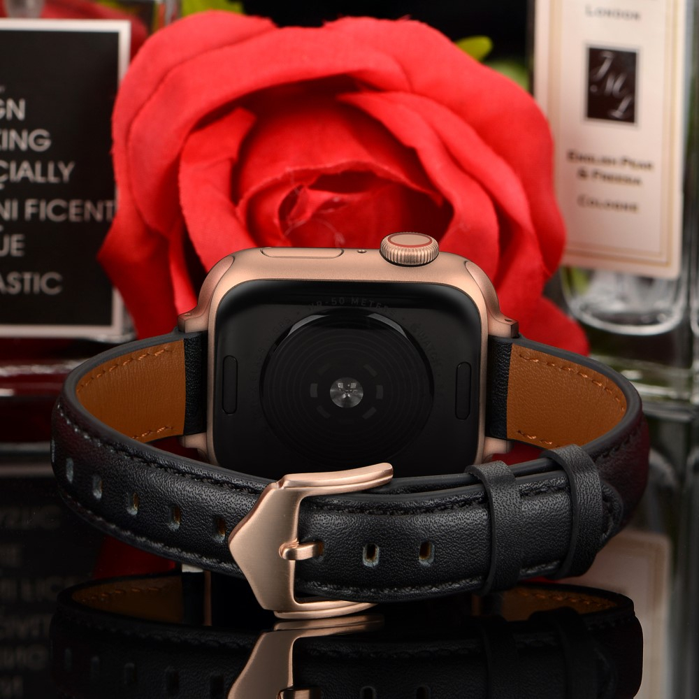 Apple Watch (49/46/45/44 mm) Echtleder Ersatz Armband mit Dornschliesse (Gelenkumfang 160-226 mm) - Schwarz / Roségold