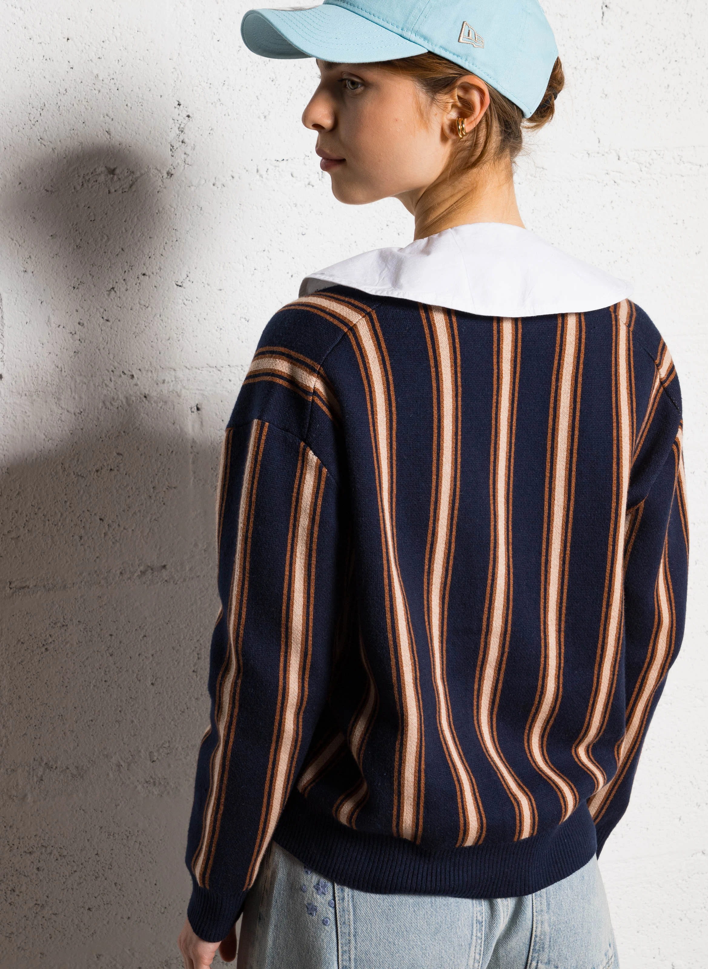 INES - Gilet col V en coton mélangé | Bleu