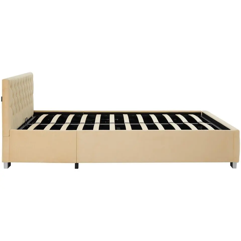 tectake Gestoffeerd bed met LED & opbergruimte, 140 x 200 cm, Beige