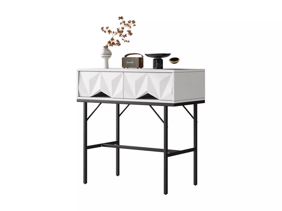 Table console moderne, design creux à 2 tiroirs, Blanc & Noir