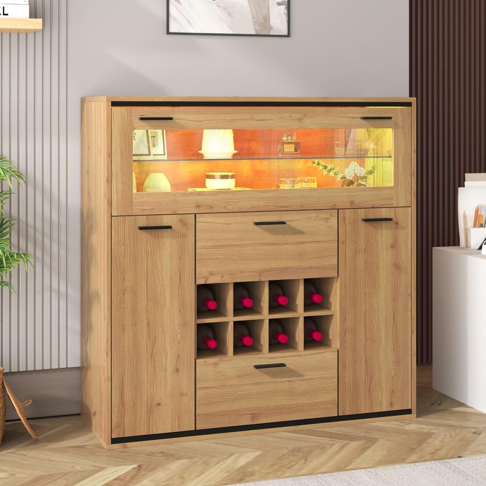 Hommdiy Sideboard, Eleganter Weinschrank mit Doppeltüren, Glasregal und Weinhalterung Perfekte Aufbewahrung in einem stilvollen