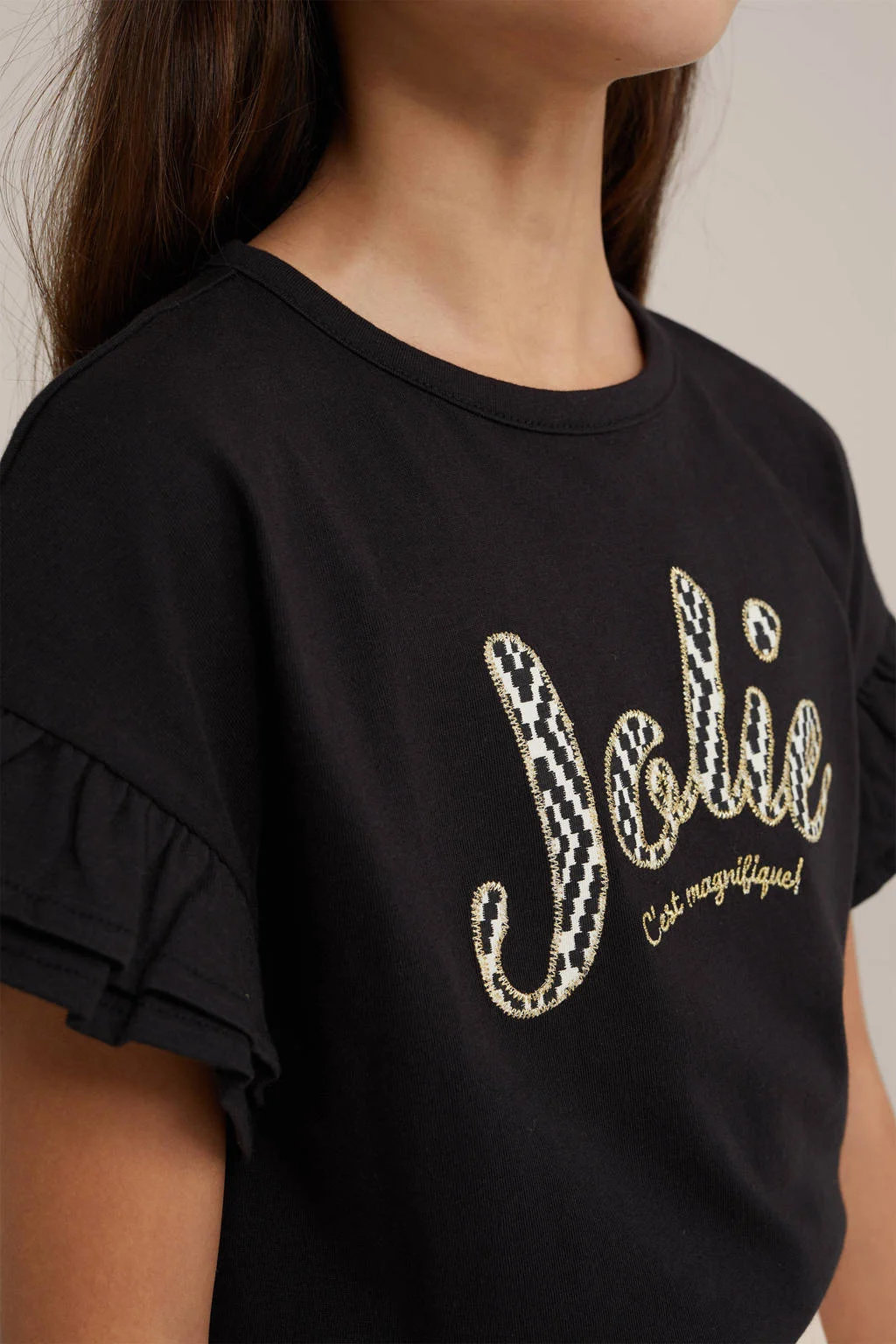 WE Fashion T-shirt met tekst en borduursels zwart