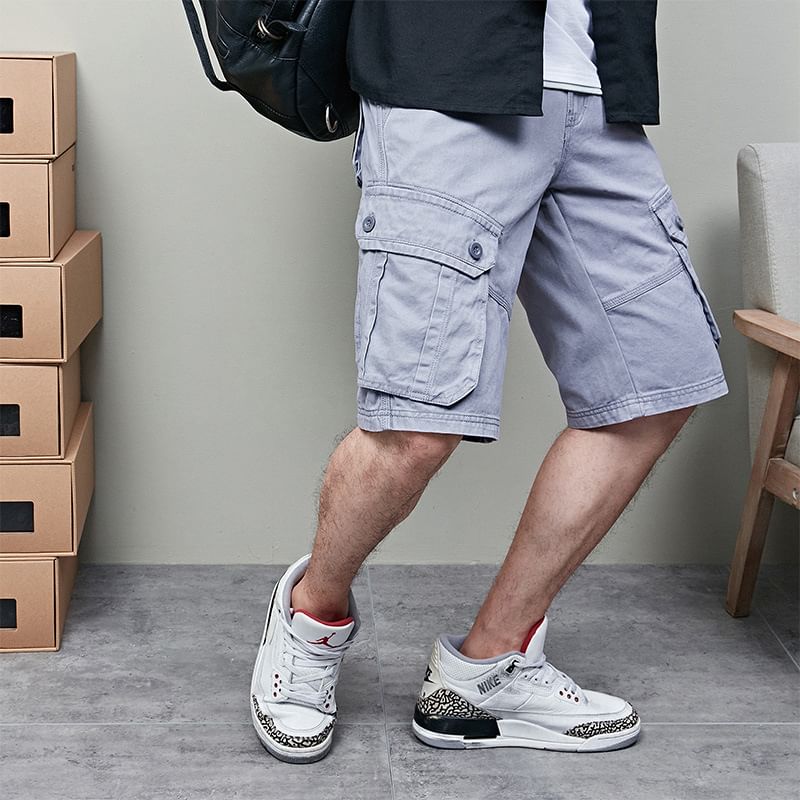 Lefitt - Mid Rise Plain Cargo Shorts