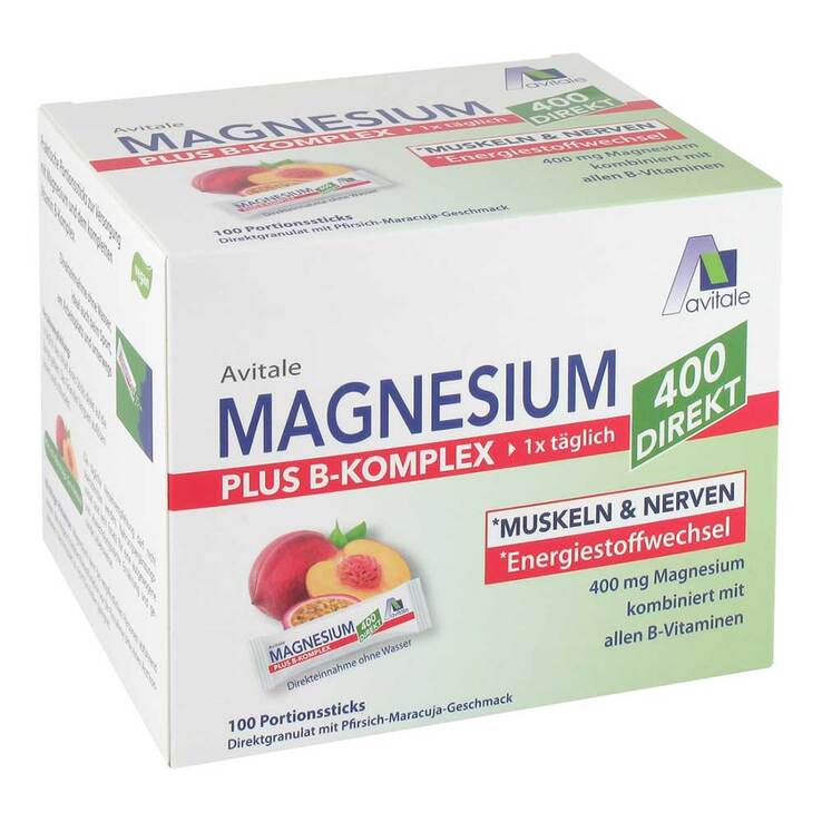 Magnesium 400 + B-Komplex direkt Pfirsich Maracuja Granulat Sticks, 100X2.5 g