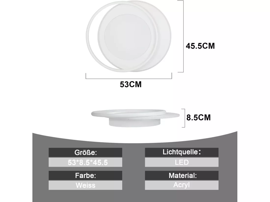 NETTLIFE Plafonnier LED Lampe de Salon Lampe avec Télécommande Chambre 66W Lampe de Cuisine Moderne Design Anneau 48,5 cm pour Salle à Manger Bureau