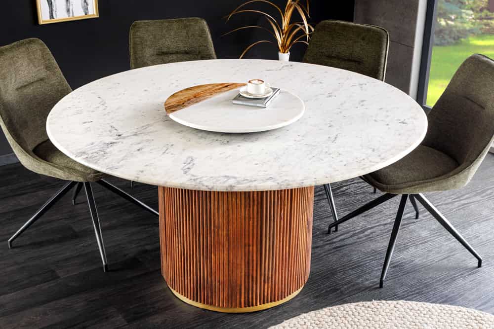 Runder Esstisch GATSBY 140cm braun gold Mangoholz weiße Marmorplatte Säulenfuß