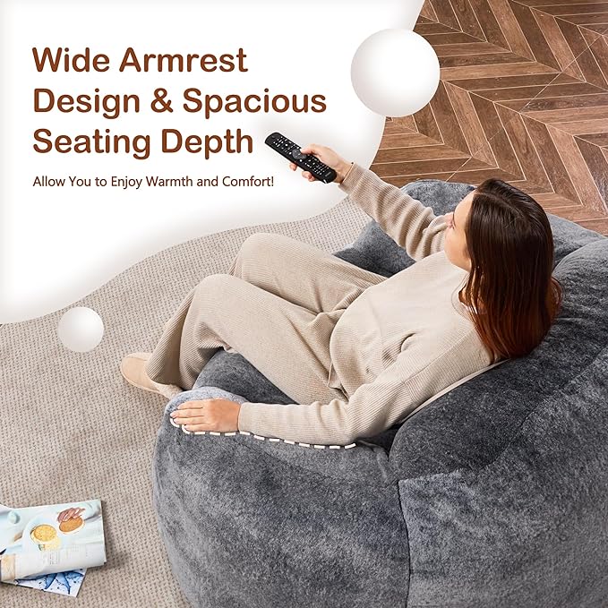 Homguava Giant Bean Bag Chair,Bean Bag Sofa Chair with Armrests, Bean Bag Couch Stuffed High-Density Foam, Plush Lazy Sofa Comfy Chair,Large BeanBag Chair for Adults in Livingroom,Bedroom (Grey)