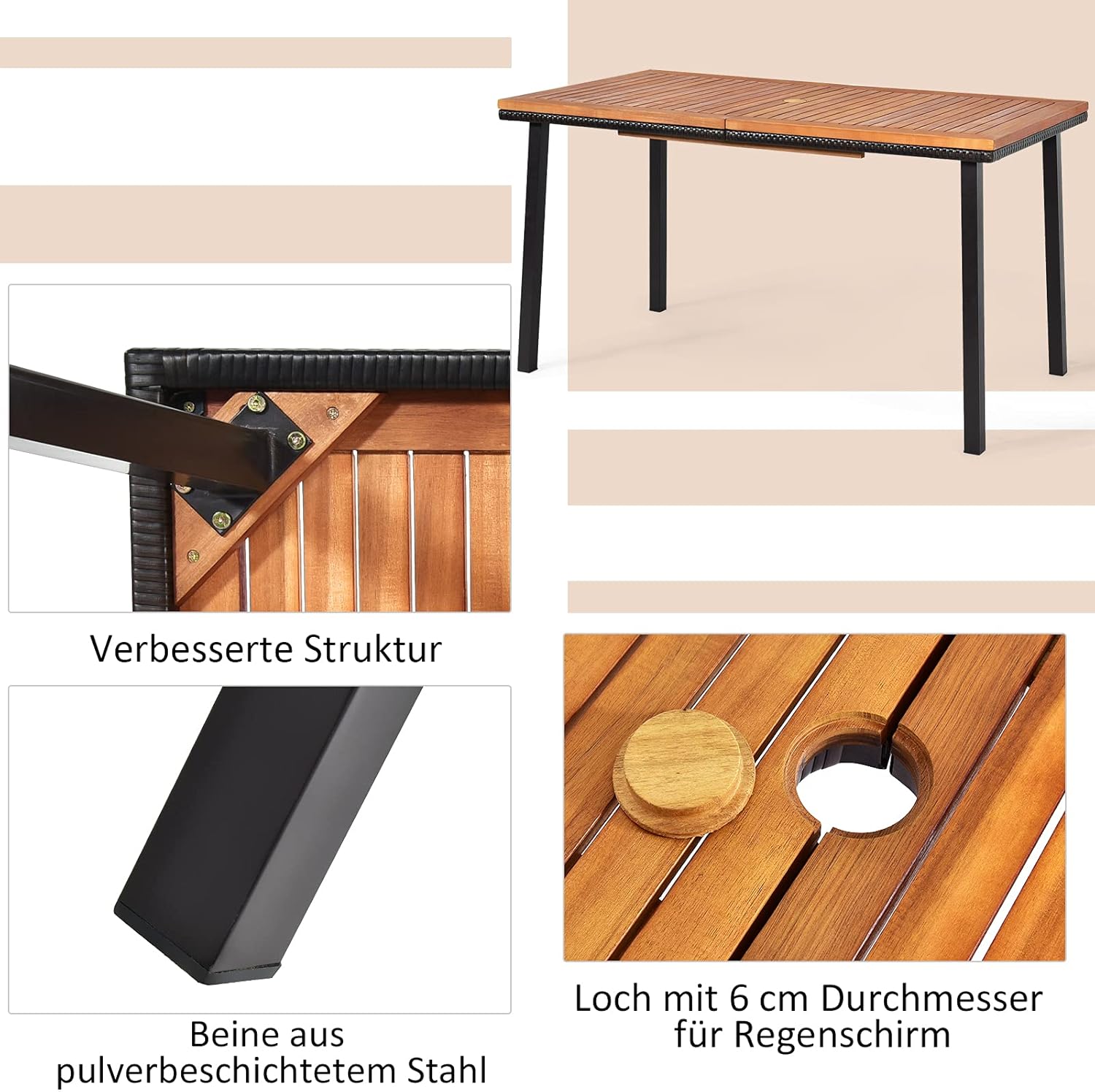 COSTWAY Gartentisch mit Schirmloch, 140x75x76cm, Esstisch für 6-8 Personen, Terrassentisch mit Tischplatte aus Akazienholz, rechteckiger Holztisch mit Metallrahmen