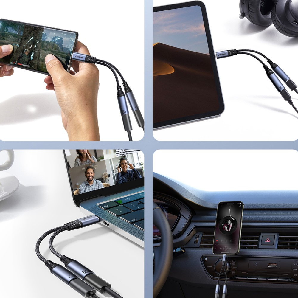 (10cm) USB C auf USB C Kopfhöreranschluss und USB C Port Nylon Kabel mit Power Delivery (PD/60W) - Grau