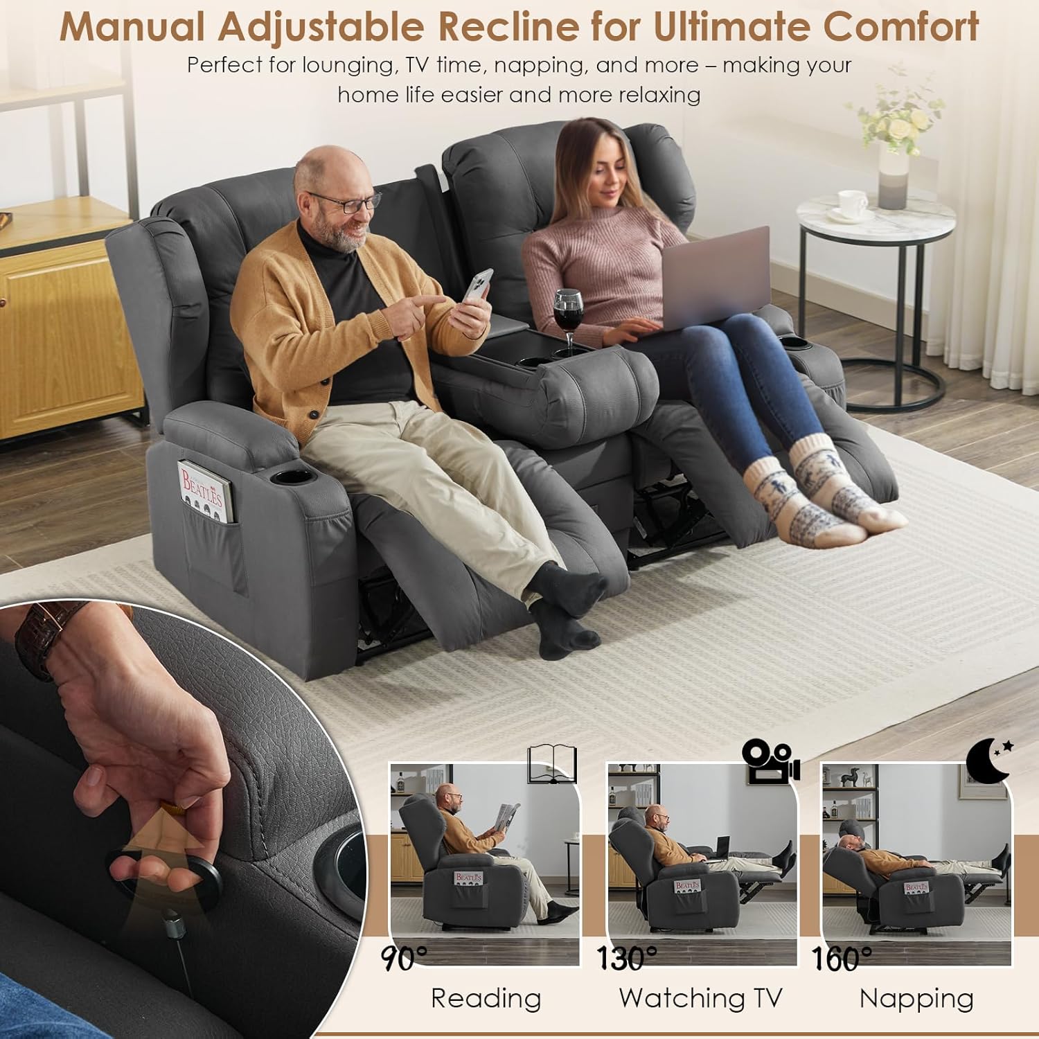 SAMERY Zweisitzer Relaxsessel mit Liegefunktion, 2er-Fernsehsessel Kinosessel 2 Sitzer TV Sessel Heimkino Sitze mit klappbare Mittelkonsole, 4 Getränkehalter (Anthrazit, 172cm Zweisitzer)