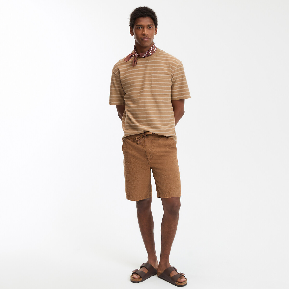 COLEÇÃO LA REDOUTE<br>Camiseta de gola redonda e manga curta com listras azul-marinho