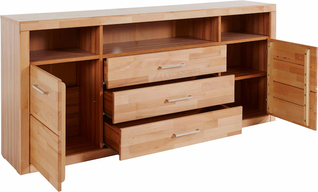 Home affaire Sideboard »Ribe,180cm breit, Fronten Massivholz,7 Fächer« Holz massiv, Holzwerkstoff, Metall Griffe,2Türen,3Schubladen