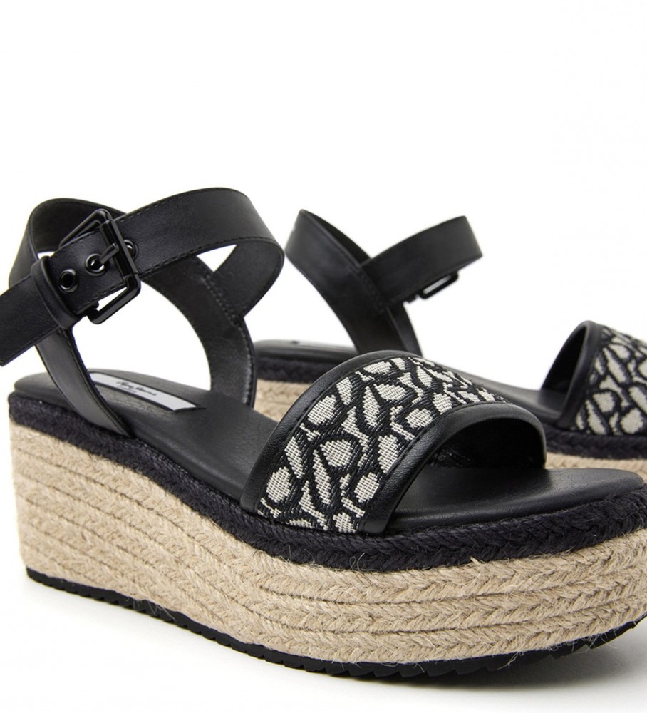Sandálias Pepe Jeans Witney Jacquard, pretas - Salto plataforma de 7 cm -